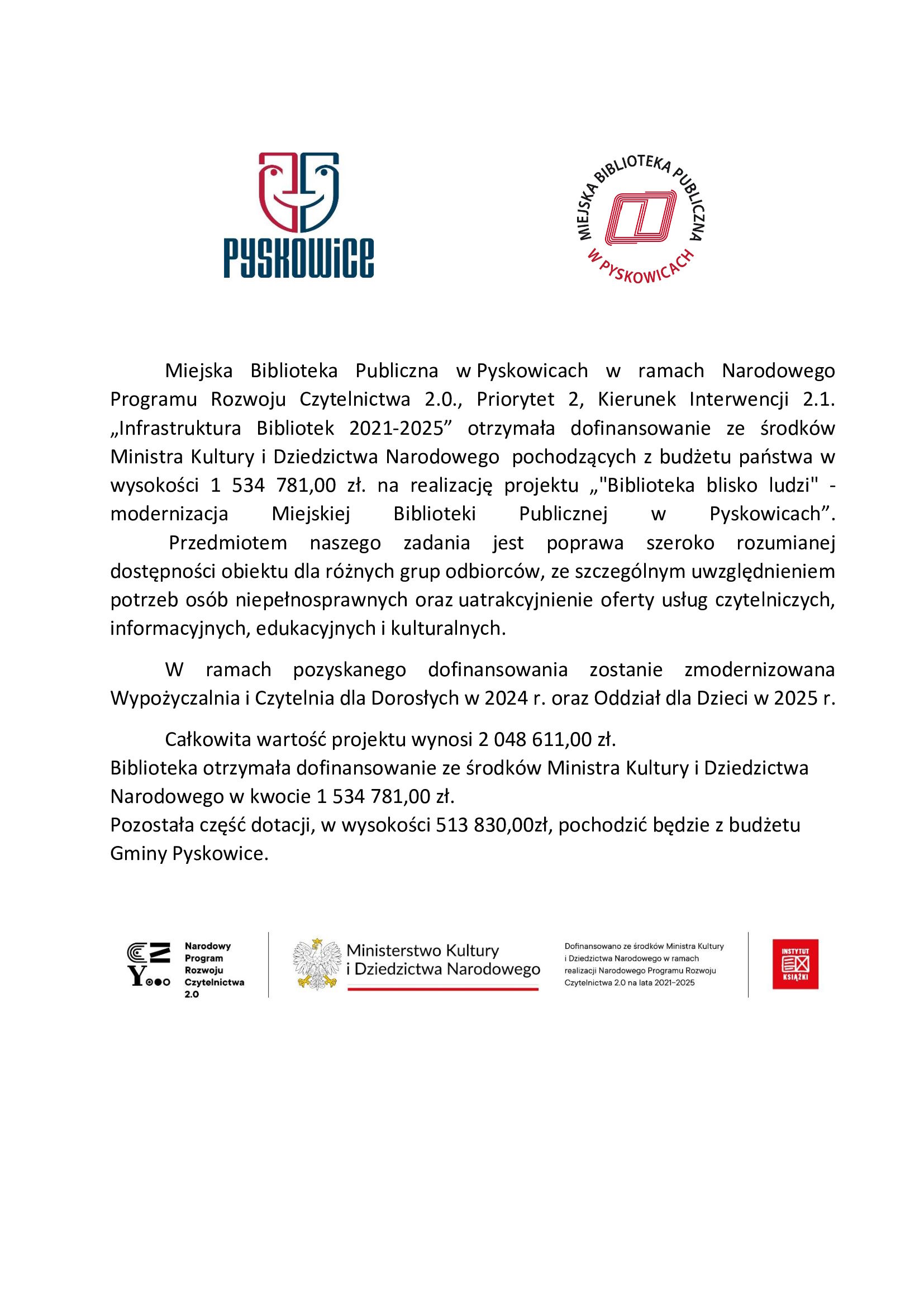 MBP w Pyskowicach otrzymała w ramach Narodowego Programu Rozwoju Czytelnictwa 2.0 dofinansowanie