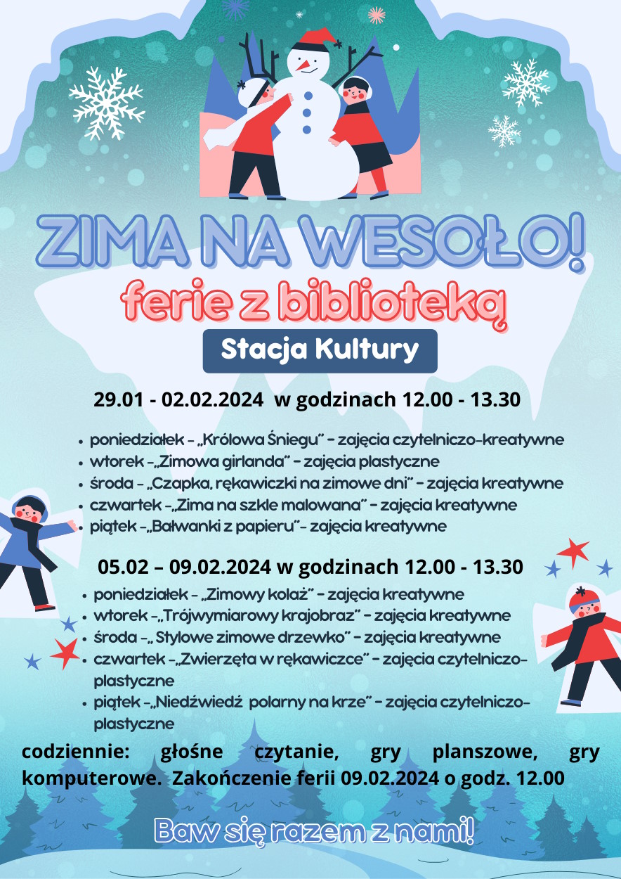 Ferie z biblioteką w stacji kultury. Więcej informacji w zakładce kontakt