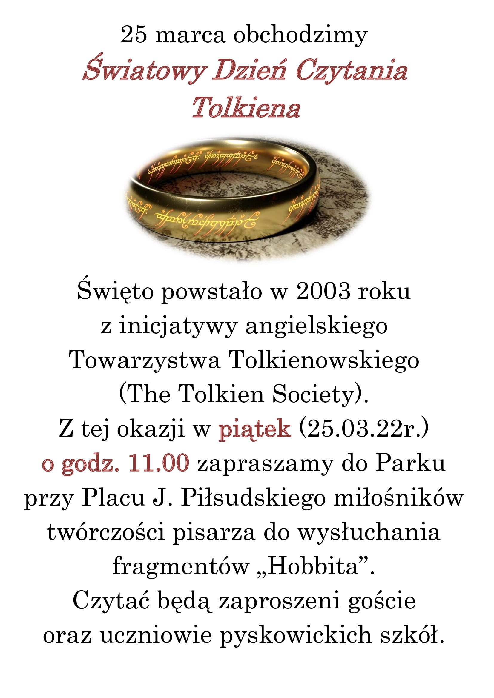 25 marca 2022 roku o godzinie 11 zapraszamy do MBP na dzień Tolkiena