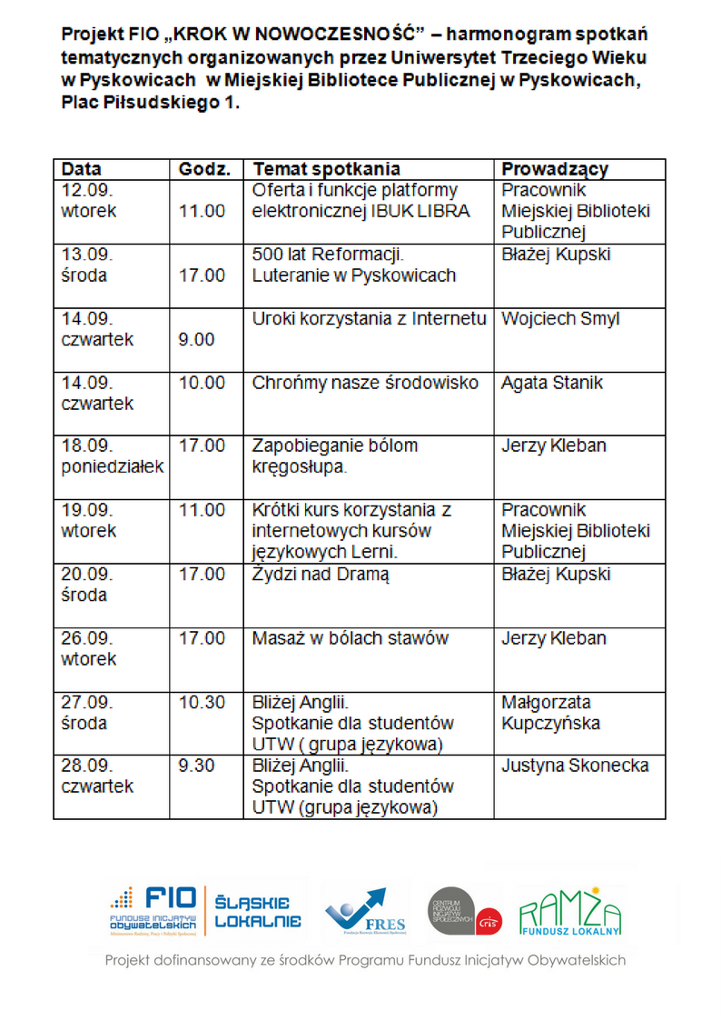 Harmonogram spotkań - Projekt FIO