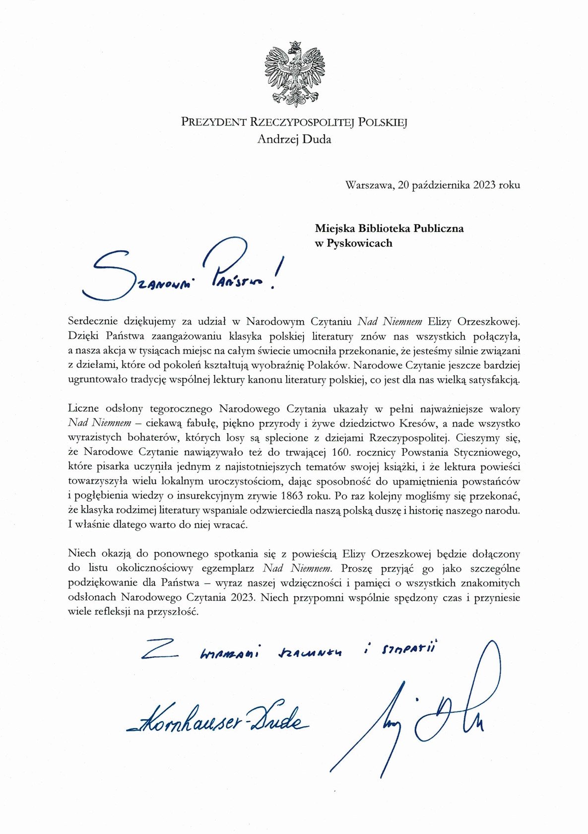 Podziękowanie Prezydenta Andrzeja Dudy
