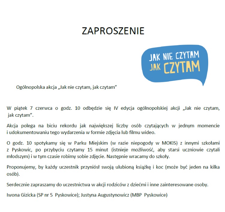 W piątek 7 czerwca o godzinie 10 odbędzie się czwarta edycj ogólnopolskiej akcji "Jak nie czytam, jak czytam"