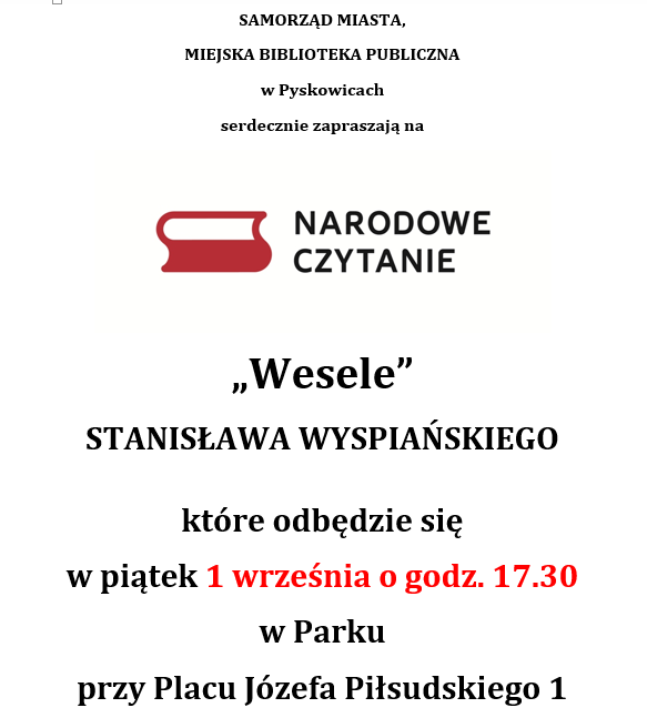 Plakat - Narodowe czytanie 1 września 2017 o godz. 17:30 w parku przy placu Józefa Piłsudskiego