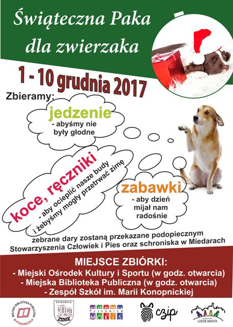 Obrazek informuje o zbiórce jedzenia, kocy, ręczników i zabawek w miejskim ośrodku kultury i sportu w dniach od 1-10 grudnia 2017 w godzinach pracy