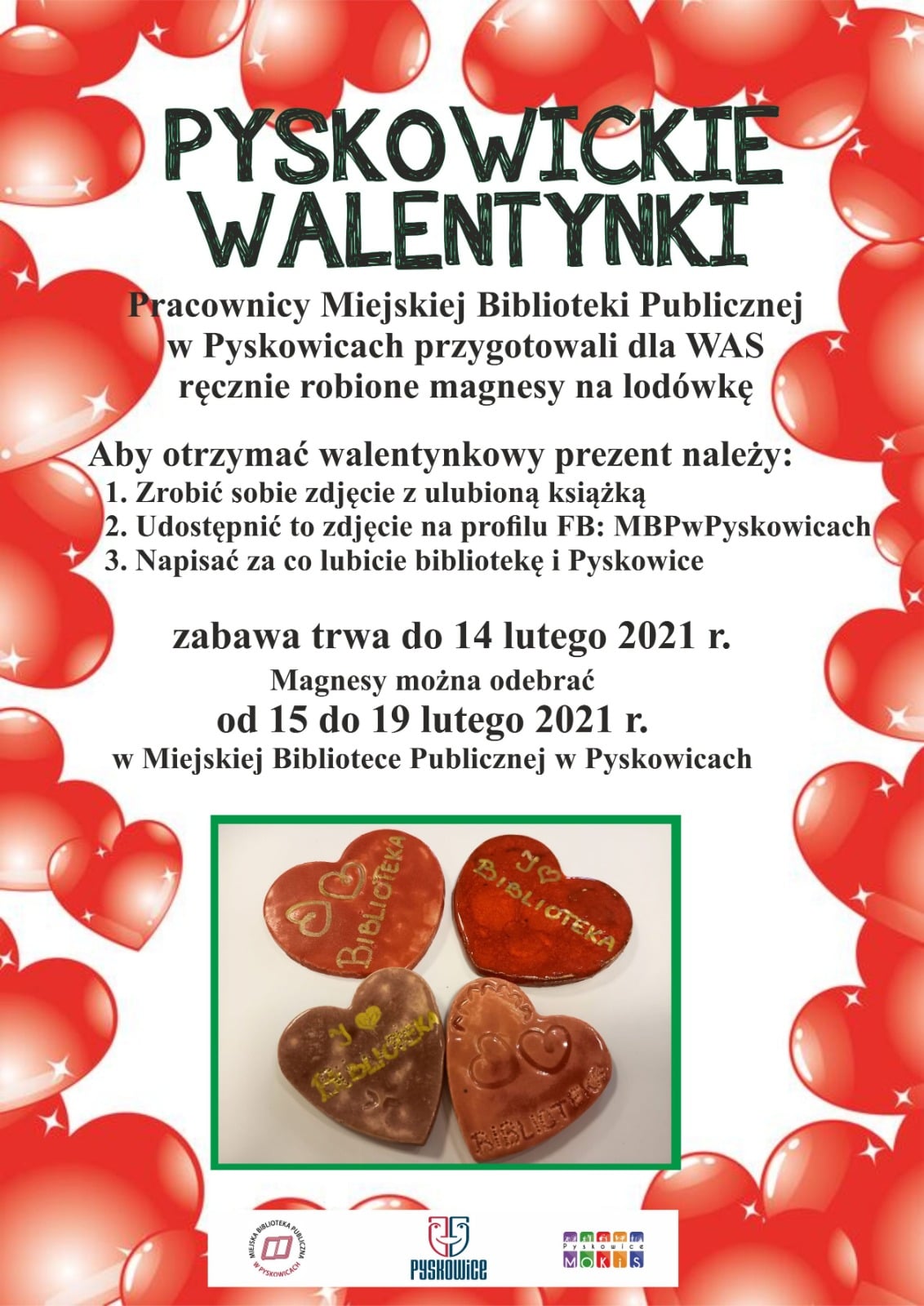 Pyskowickie walentynki. Pracownicy miejskiej biblioteki publicznej w pyskowicach przygotowali dla was ręcznie robione magnesy na lodówkę.