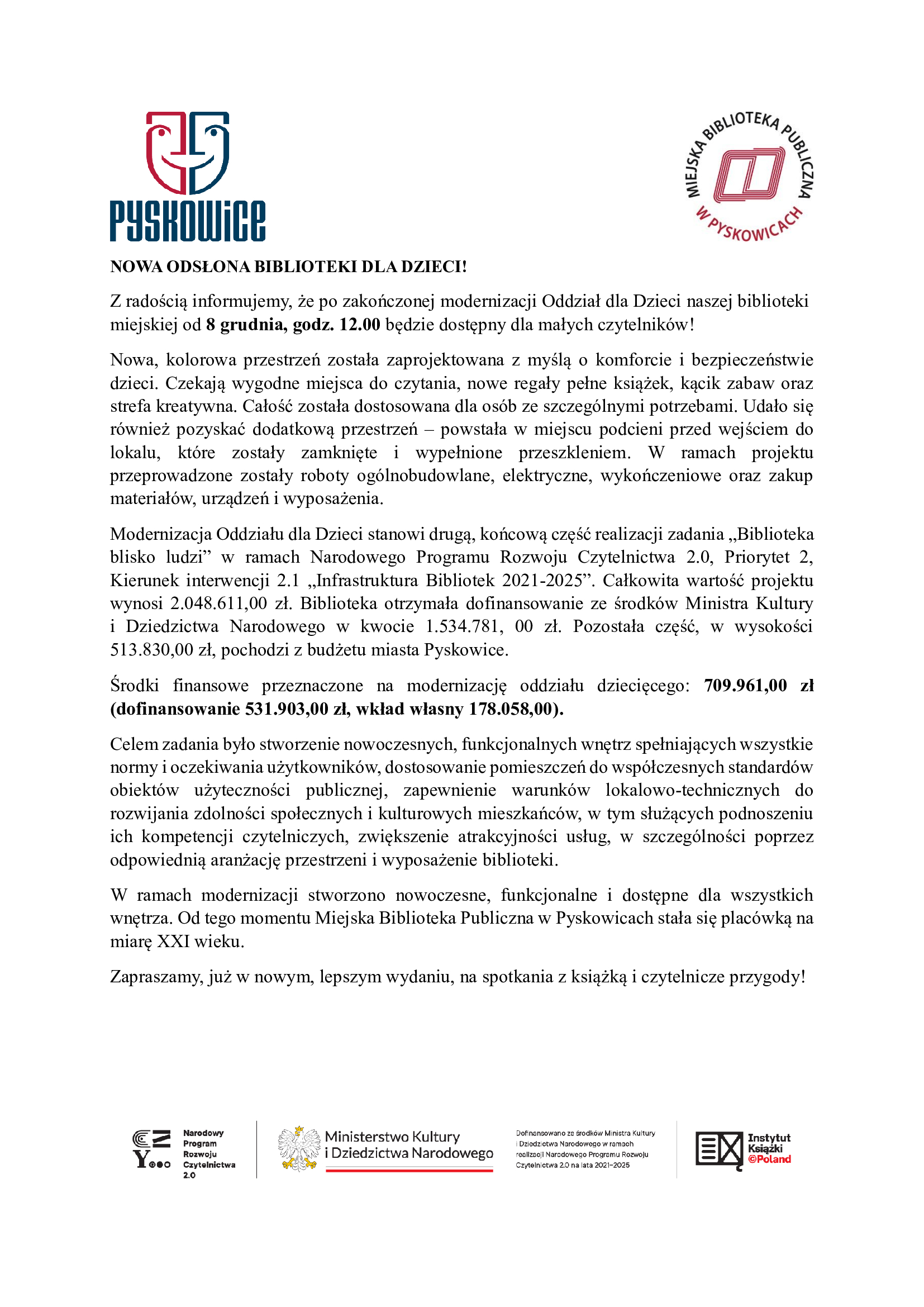 8 grudnia 2025r. o godzinie 12 po zakońonej modernizacji Oddział dla Dzieci będzie dostępny.