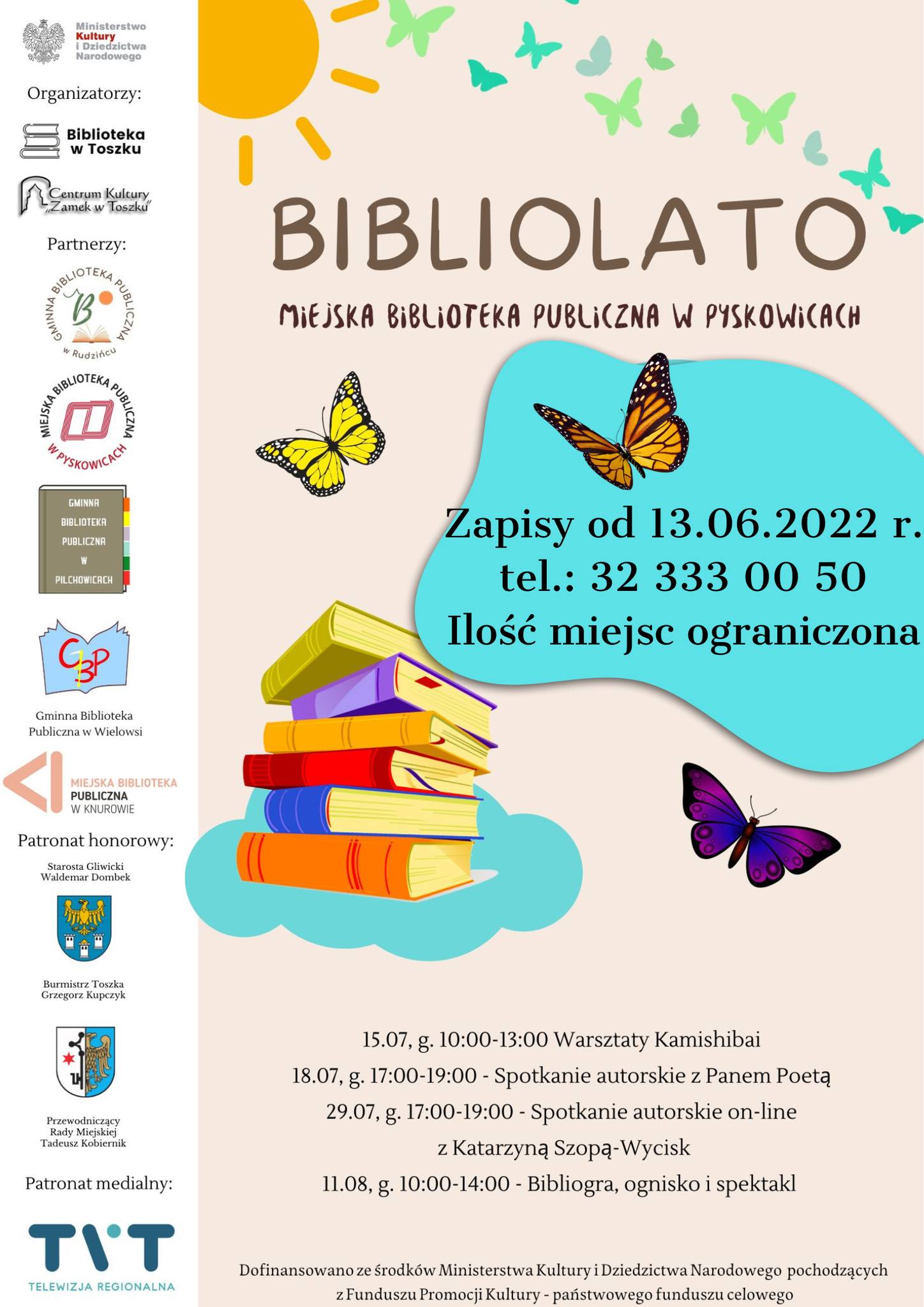 Plakat Bibliolato. Więcej informacji pod numerem telefonu 32 333 00 50