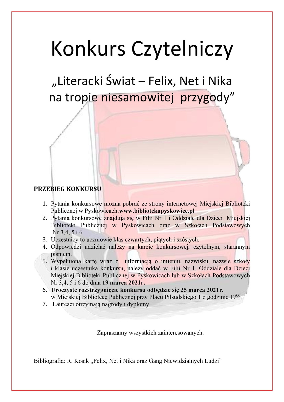 Plakat informujący o konkursie. Terminy: oddawanie wypełnionych kart do 19 marca, rozstrzygnięcie konkursu 25 marca 2021r.