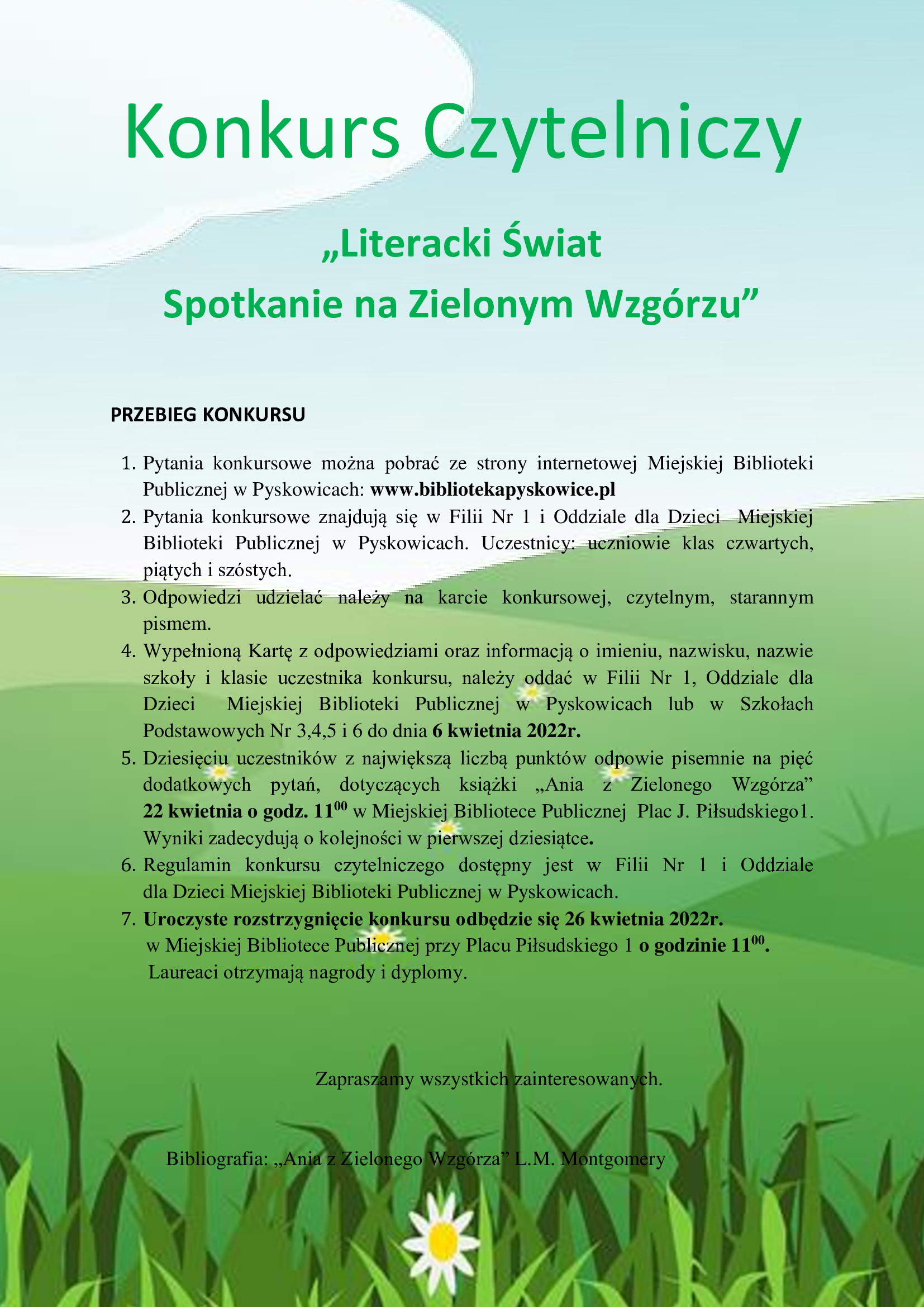 Konkurs Czytelniczy   „Literacki Świat Spotkanie na Zielonym Wzgórzu”