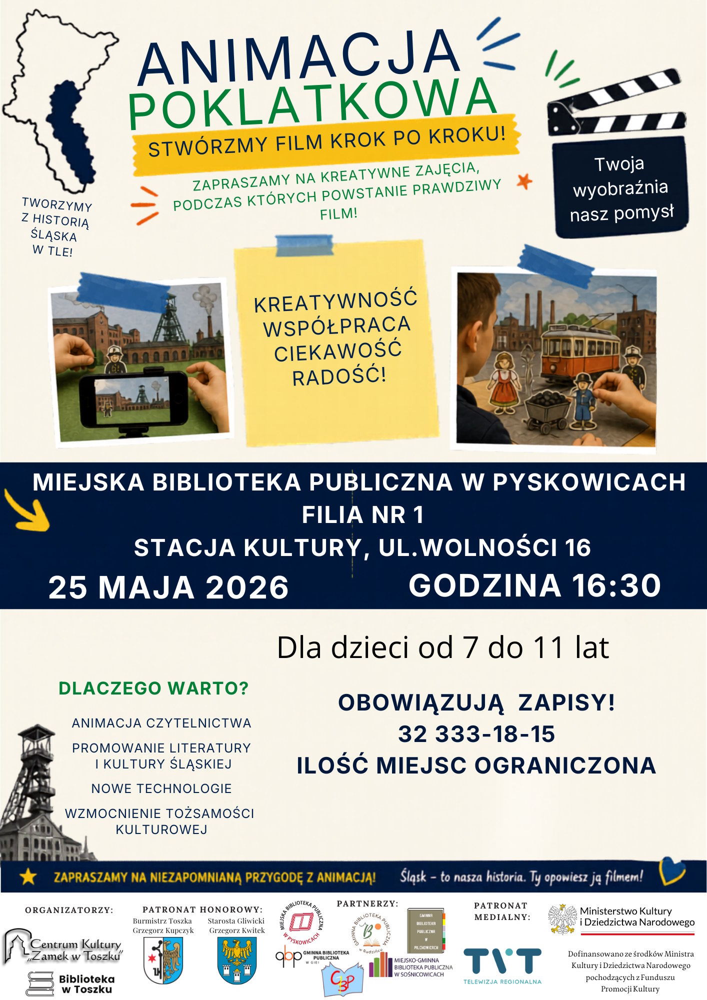 Animacja poklatkowa 25 maja 2026 o&nbsp;godzinie 16:30 - stacja kultury przy ul. Wolności 16 w&nbsp;Pyskowicach